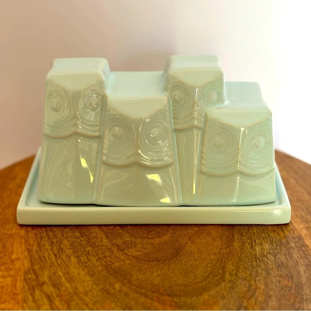 West Elm Owl Butter Dish Light Turquoise Blue